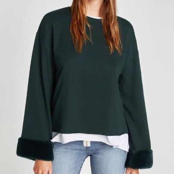 Dark Green Sweater w/ Fur Sleeves - Picture 1 of 4